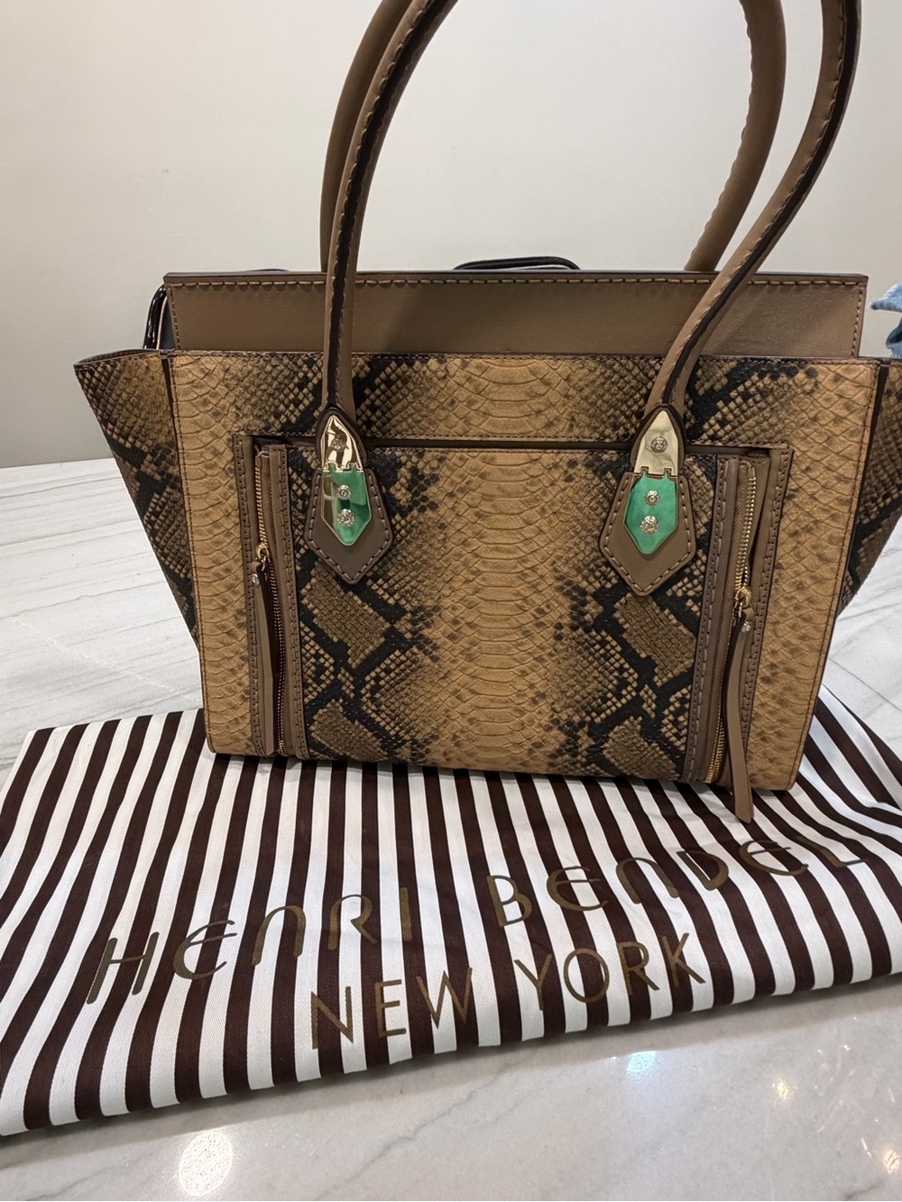 henri bendel Tan Snake-Print Shoulder Tote with GOLD Enamel Accents